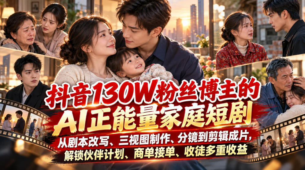 抖音130W粉丝博主的AI正能量家庭短剧，从剧本改写、三视图制作、分镜到剪辑成片，解锁伙伴计划、商单接单、收徒多重收益-梦清研习社