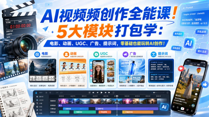 AI视频频创作全能课！5大模块打包学：电影、动画、UGC、广告、提示词，零基础也能玩转AI创作！【原创双语字幕】-梦清研习社