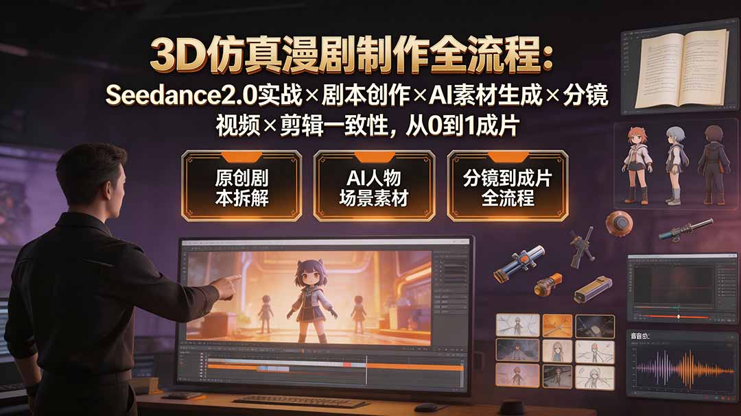 3D仿真漫剧制作全流程：Seedance2.0实战×剧本创作×AI素材生成×分镜视频×剪辑一致性，从0到1成片-梦清研习社