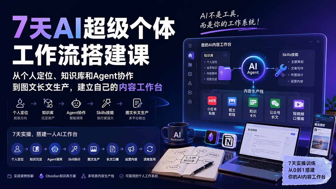 7天AI超级个体工作流搭建课：从个人定位、知识库和Agent协作到图文长文生产，建立自己的内容工作台-梦清研习社