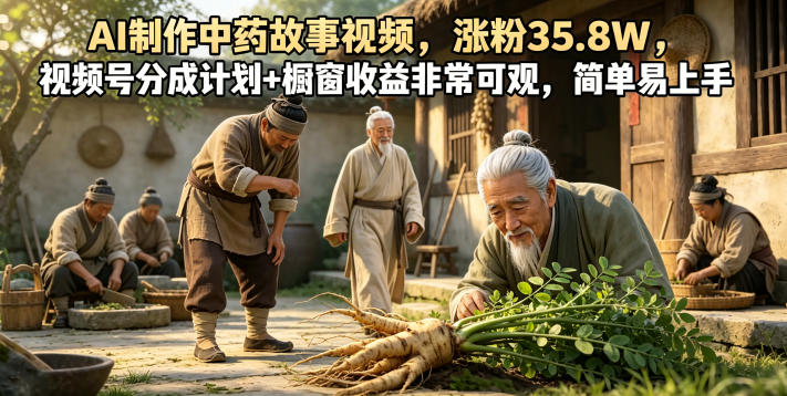 AI制作中药故事视频，涨粉35.8W，视频号分成计划+橱窗收益非常可观，简单易上手-梦清研习社