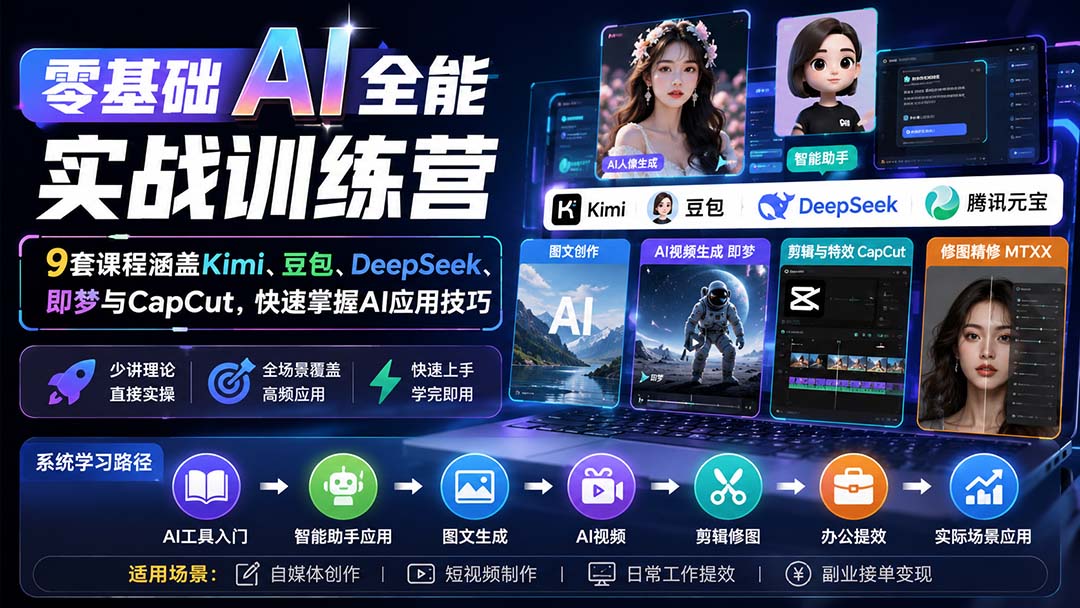 零基础AI全能实战训练营：9套课程涵盖Kimi、豆包、DeepSeek、即梦与CapCut，快速掌握AI应用技巧-梦清研习社