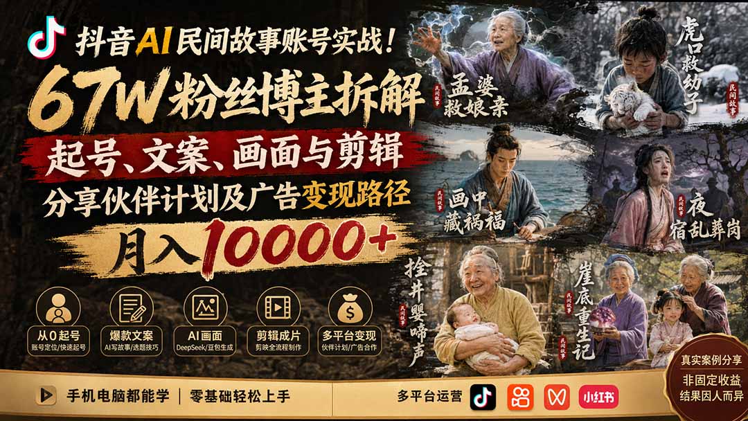 抖音AI民间故事账号实战！67W粉丝博主拆解起号、文案、画面与剪辑，分享伙伴计划及广告变现路径，月入10000+-梦清研习社