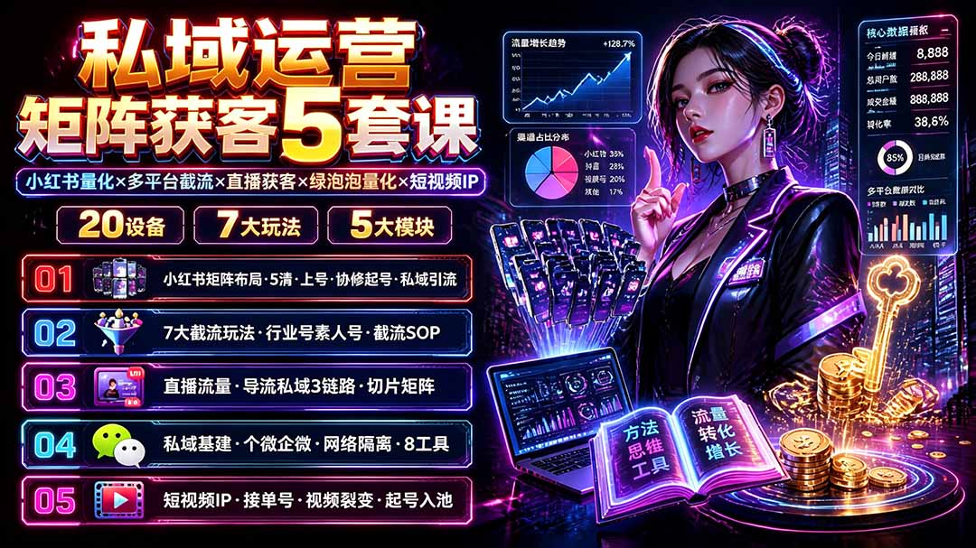 私域运营矩阵获客5套课：小红书量化×多平台截流×直播获客×绿泡泡量化×短视频IP×20设备×7大玩法-梦清研习社