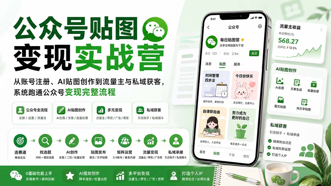 公众号贴图变现实战营:从账号注册、AI贴图创作到流量主与私域获客,系统跑通公众号变现完整流程-梦清研习社