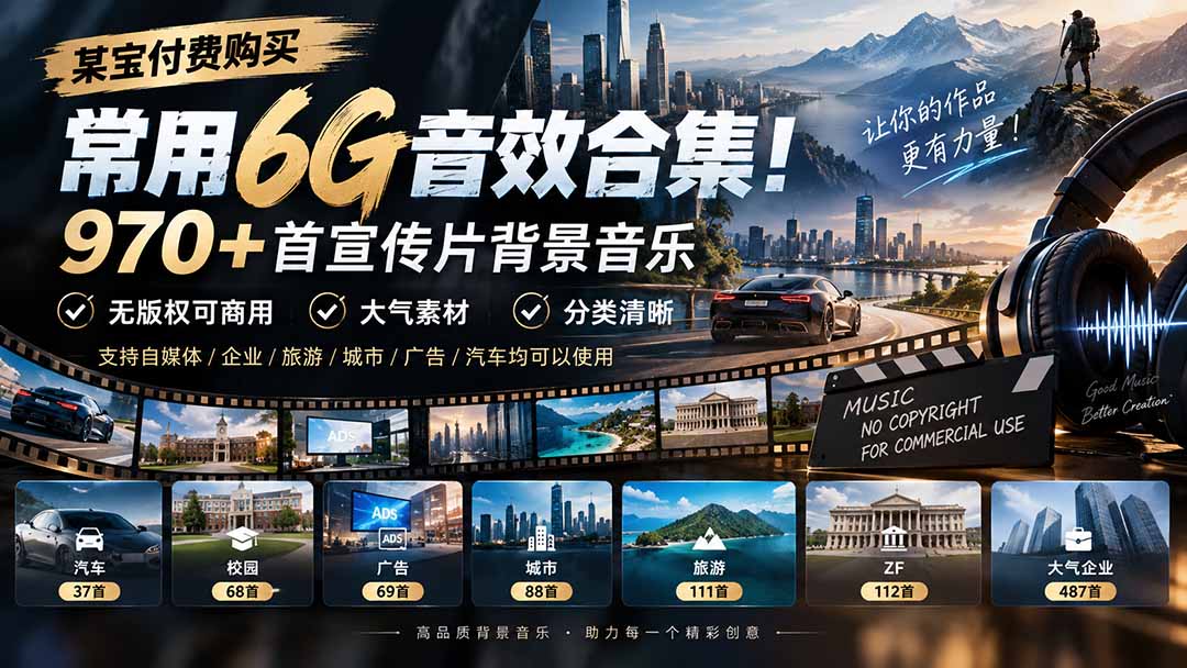 某宝付费购买，常用6G音效合集！970+首宣传片背景音乐，无版权可商用大气素材，分类清晰-梦清研习社