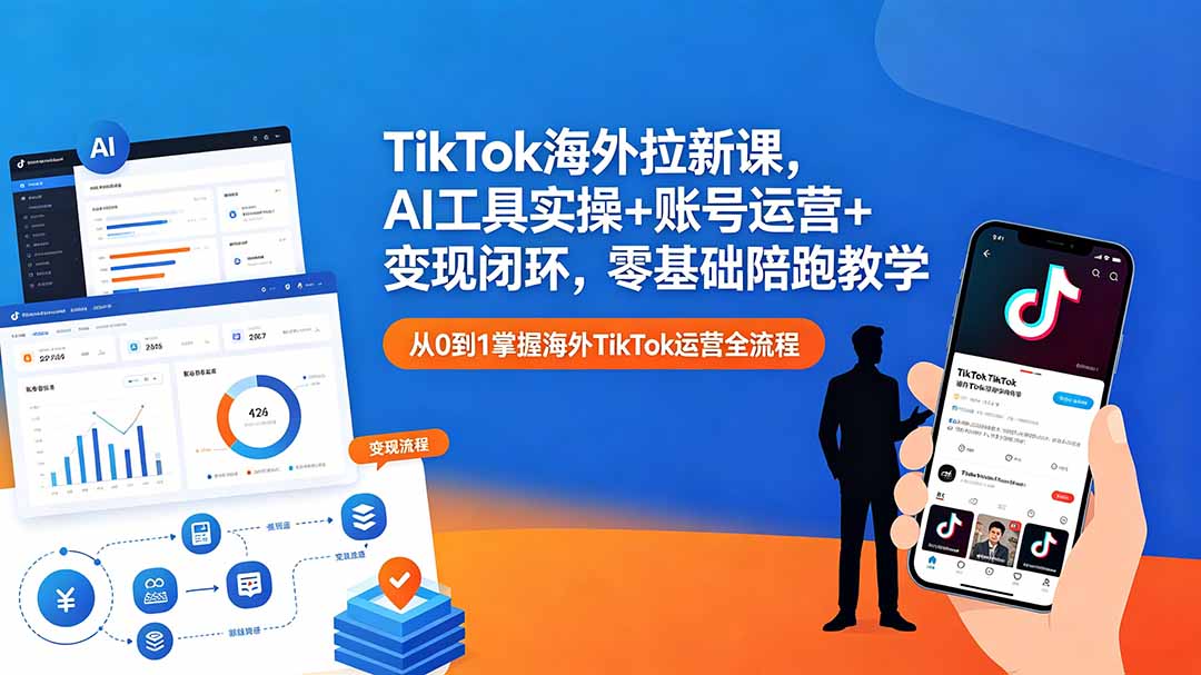 TikTok海外拉新课，AI工具实操+账号运营+变现闭环，零基础陪跑教学-梦清研习社