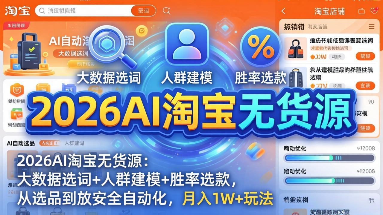 2026AI淘宝无货源：大数据选词+人群建模+胜率选款，从选品到放大全自动化，月入1W+玩法-梦清研习社