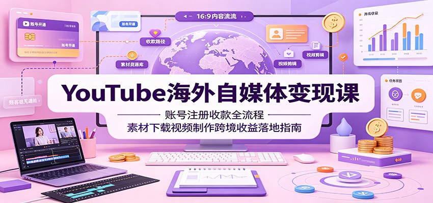 YouTube海外自媒体变现课:账号注册收款全流程,素材下载视频制作跨境收益落地指南-梦清研习社