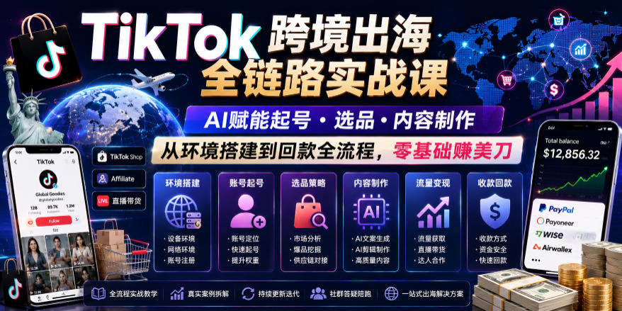 TikTok跨境出海全链路实战课，AI赋能起号・选品・内容制作，从环境搭建到回款全流程，零基础賺美刀-梦清研习社