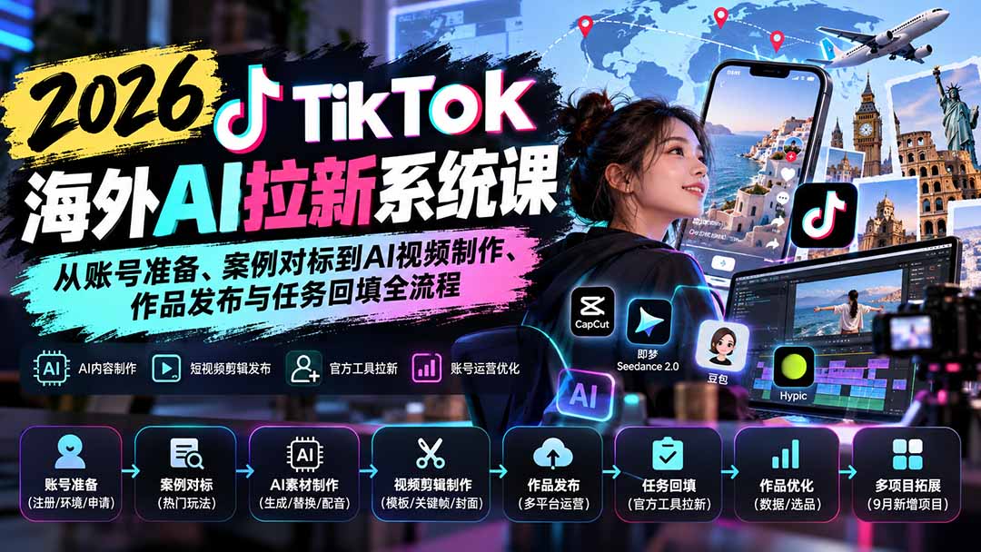 【无水印】2026 TikTok海外AI拉新系统课：从账号准备、案例对标到AI视频制作、作品发布与任务回填全流程-梦清研习社