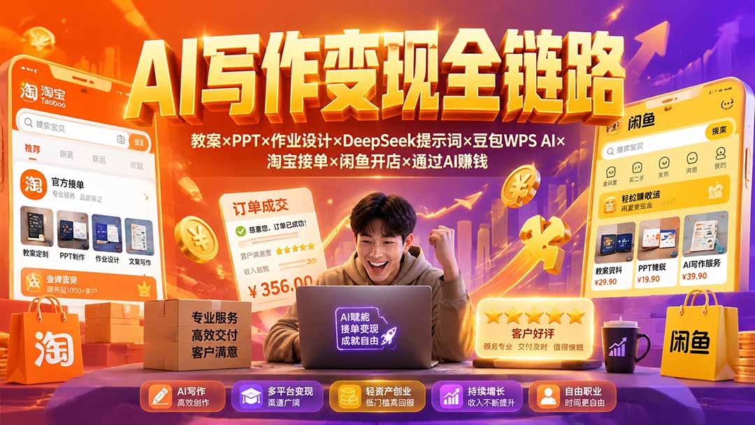2026AI写作变现全链路:教案×PPT×作业设计×DeepSeek提示词×豆包WPS AI×淘宝接单×闲鱼开店×通过AI賺钱-梦清研习社