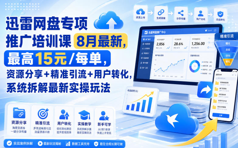 迅雷网盘专项推广培训课8月最新，最高15米/每单，资源分享+精准引流+用户转化，系统拆解最新实操玩法(更新0824)-梦清研习社
