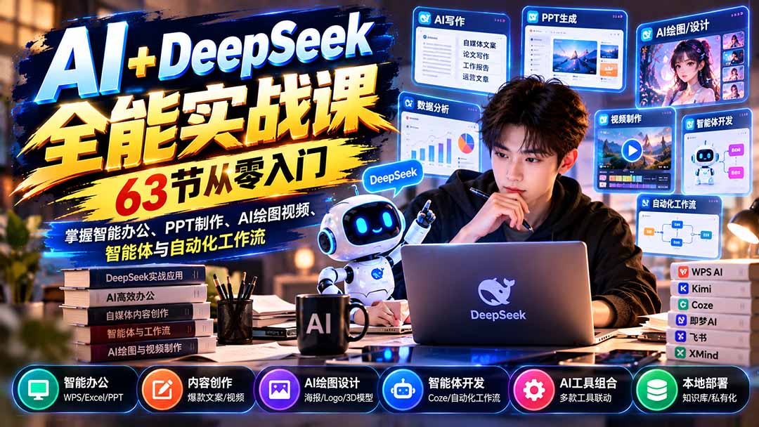 AI+DeepSeek全能实战课：63节从零入门，掌握智能办公、PPT制作、AI绘图视频、智能体与自动化工作流-梦清研习社