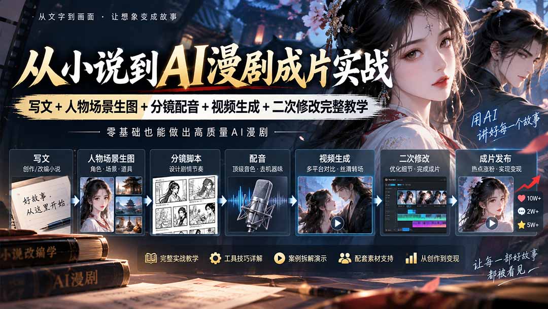 从小说到AI漫剧成片实战：写文+人物场景生图+分镜配音+视频生成+二次修改完整教学-梦清研习社