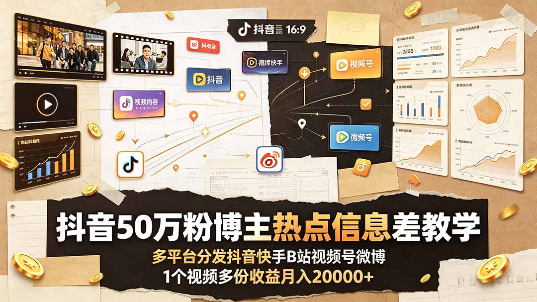 抖音50万粉博主热点信息差教学：多平台分发抖音快手B站视频号微博，1个视频多份收益月入20000+-梦清研习社