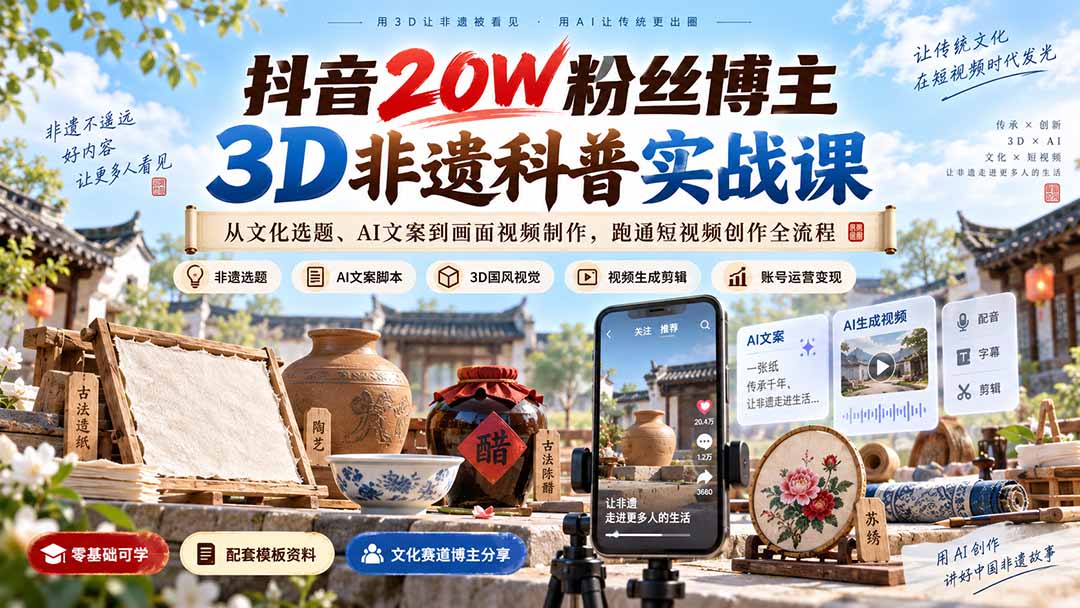 抖音20W粉丝博主3D非遗科普实战课：从文化选题、AI文案到画面视频制作，跑通短视频创作全流程-梦清研习社