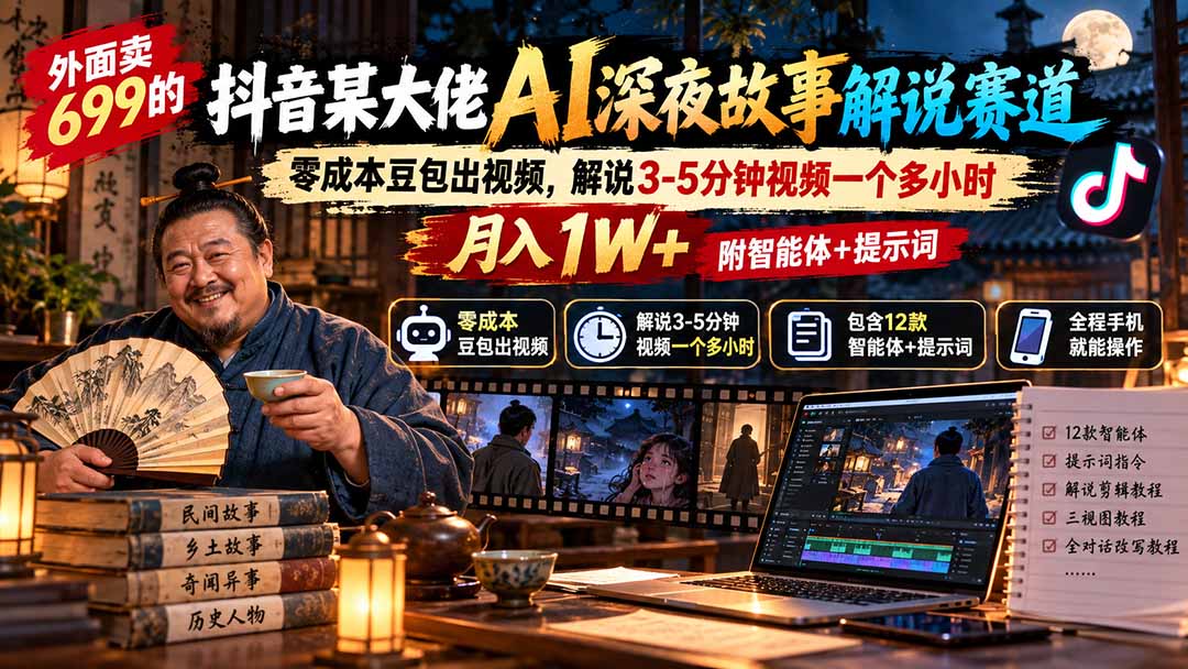 外面卖699的抖音某大佬AI深夜故事解说赛道：零成本豆包出视频，解说3-5分钟视频一个多小时，月入1W+附智能体+提示词-梦清研习社
