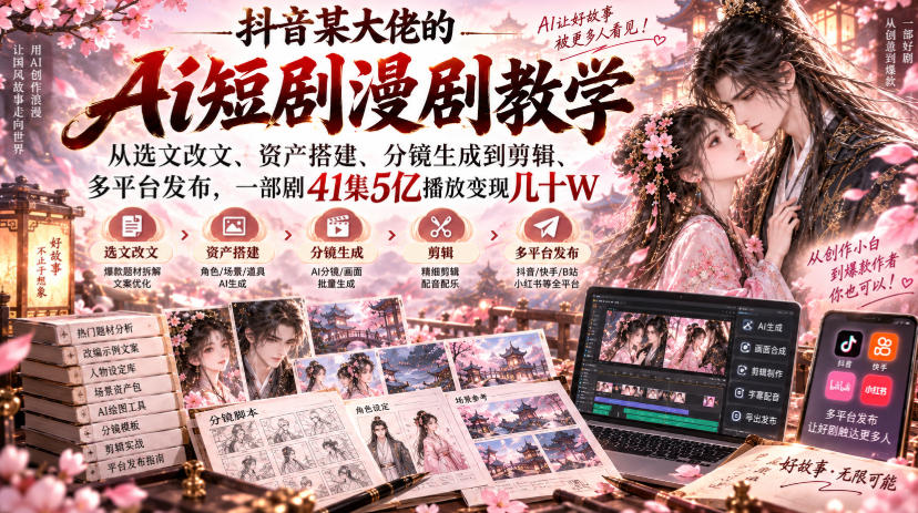 抖音某大佬的Ai短剧漫剧教学，从选文改文、资产搭建、分镜生成到剪辑、多平台发布，一部剧41集5亿播放变现几十W-梦清研习社