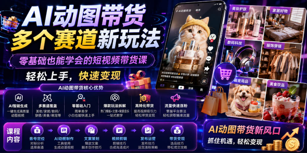 AI动图带货多个赛道新玩法，零基础也能学会的短视频带货课，轻松上手，快速变现-梦清研习社