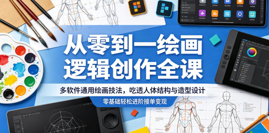 从零到一绘画逻辑创作全课，多软件通用绘画技法，吃透人体结构与造型设计，零基础轻松进阶接单变现-梦清研习社