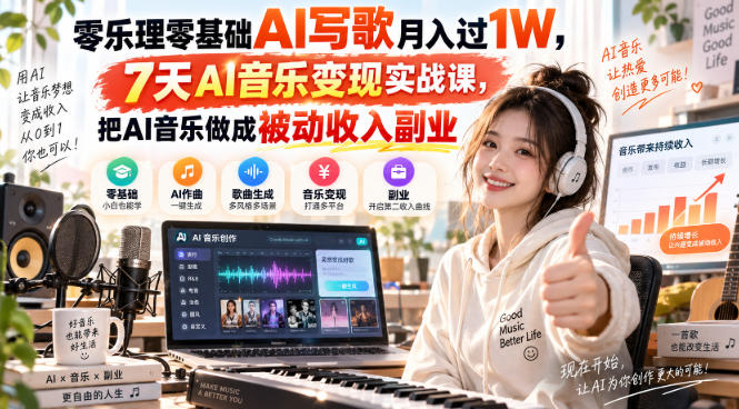 零乐理零基础AI写歌月入过1W，7天AI音乐变现实战课，把AI音乐做成被动收入副业-梦清研习社