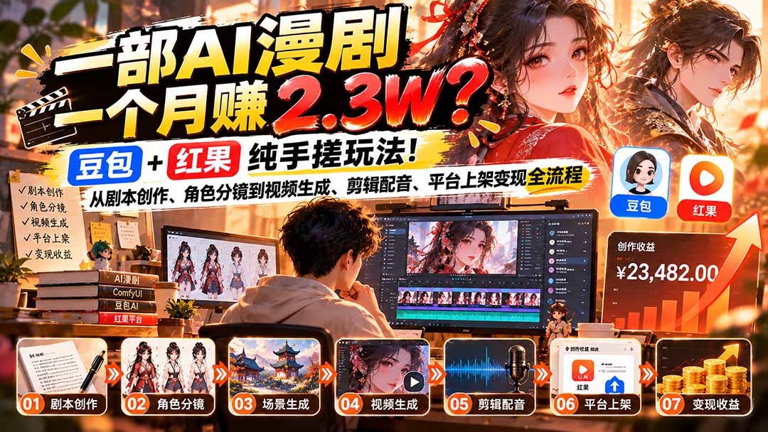 一部AI漫剧一个月赚2.3W？豆包+红果纯手搓玩法！从剧本创作、角色分镜到视频生成、剪辑配音、平台上架变现全流程-梦清研习社