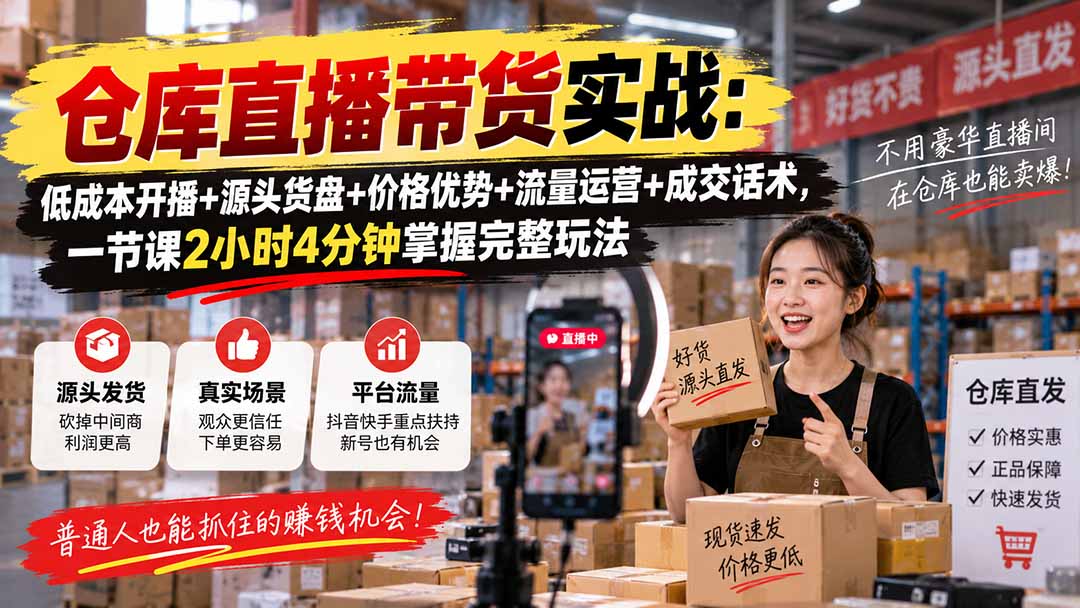 仓库直播带货实战：低成本开播+源头货盘+价格优势+流量运营+成交话术，一节课2小时4分钟掌握完整玩法-梦清研习社