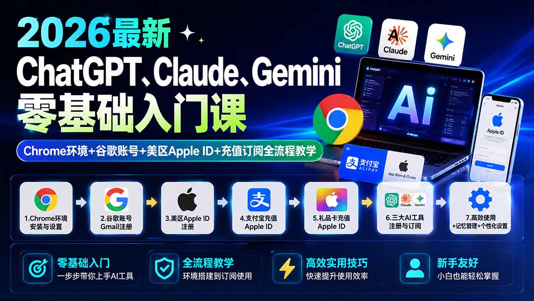 2026最新ChatGPT、Claude、Gemini零基础入门课:Chrome环境+谷歌账号+美区Apple ID+充值订阅全流程教学-梦清研习社