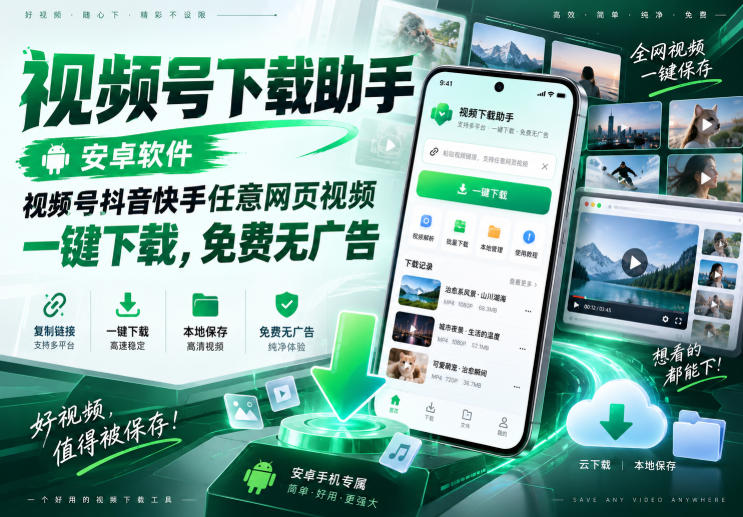 视频号下载助手，安卓软件，视频号抖音快手任意网页视频，一键下载，免费无广告-梦清研习社