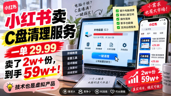 小红书卖C盘清理服务，一单29.99，卖了2w+份，技术也是虚拟产品-梦清研习社