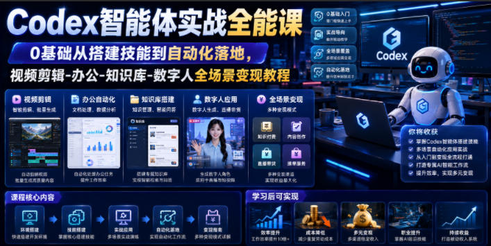 Codex智能体实战全能课｜0基础从搭建技能到自动化落地，视频剪辑-办公-知识库-数字人全场景变现教程-梦清研习社