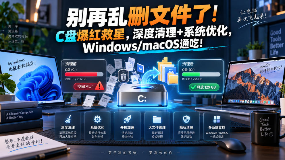 别再乱删文件了！C盘爆红救星，深度清理+系统优化，Windows/macOS通吃！-梦清研习社