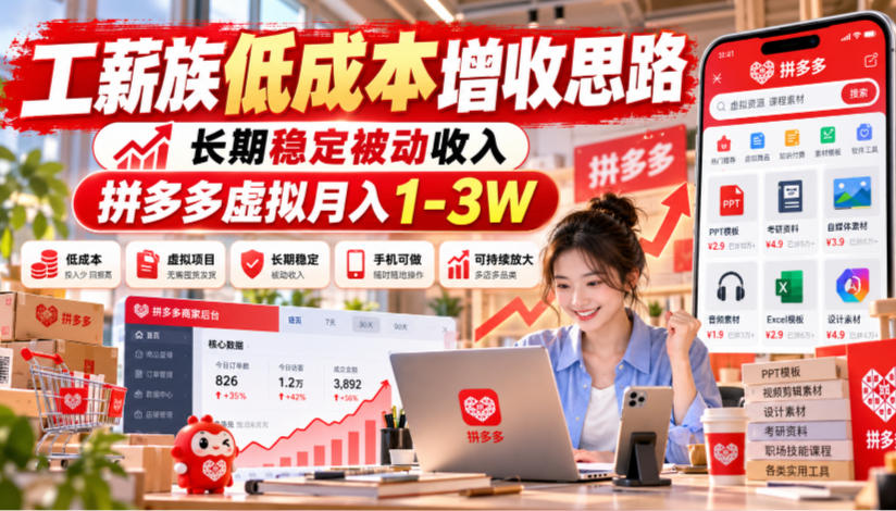 工薪族低成本增收思路,长期稳定被动收入,拼多多虚拟月入1-3W-梦清研习社