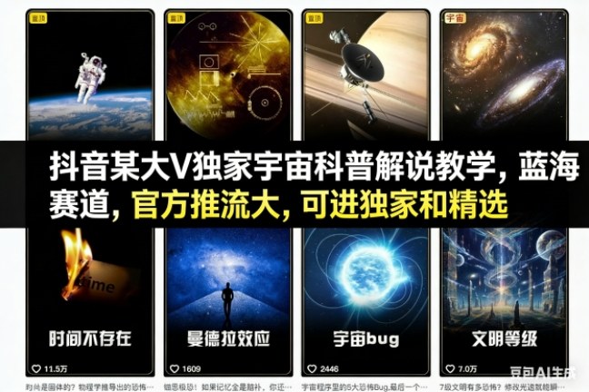 抖音某大V独家宇宙科普解说教学,蓝海赛道,官方推流大,可进独家和精选-梦清研习社
