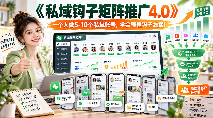 【无水印】《私域钩子矩阵推广4.0》一个人做5-10个私域账号，学会预埋钩子线索！-梦清研习社