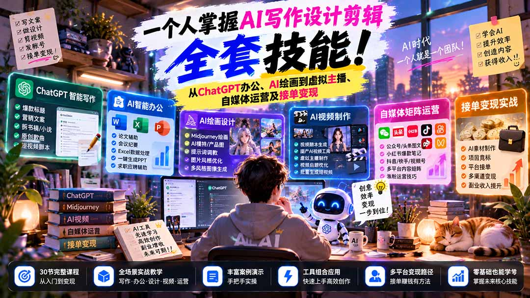 一个人掌握AI写作设计剪辑全套技能：从ChatGPT办公、AI绘画到虚拟主播、自媒体运营及接单变现-梦清研习社