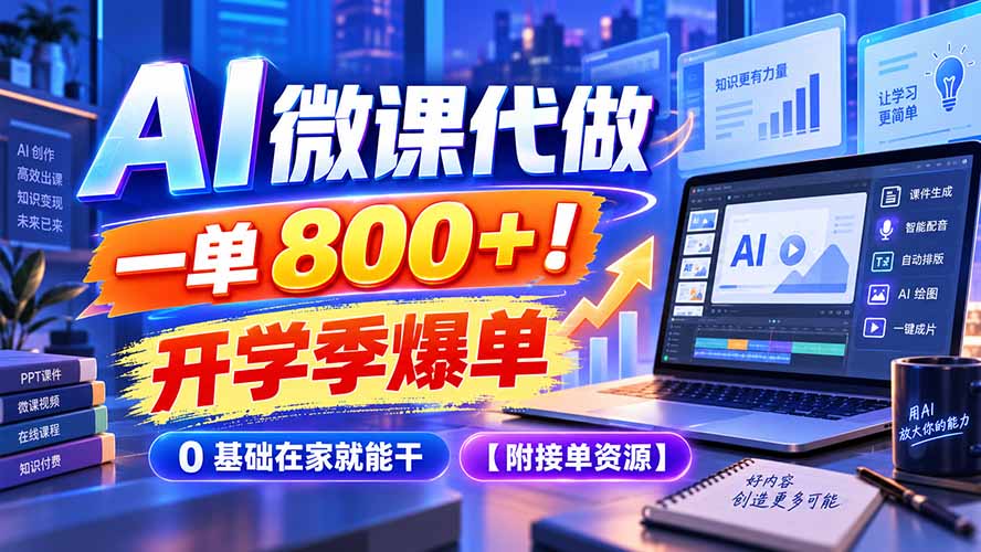 AI 微课代做，一单 800+！开学季爆单，0 基础在家就能干【附接单资源】-梦清研习社