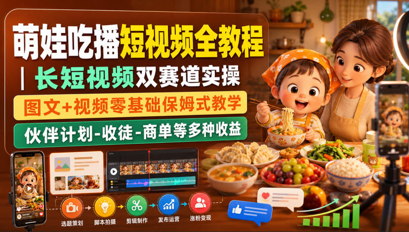萌娃吃播短视频全教程｜长短视频双赛道实操，图文+视频零基础保姆式教学，伙伴计划-收徒-商单等多种变现方式-梦清研习社