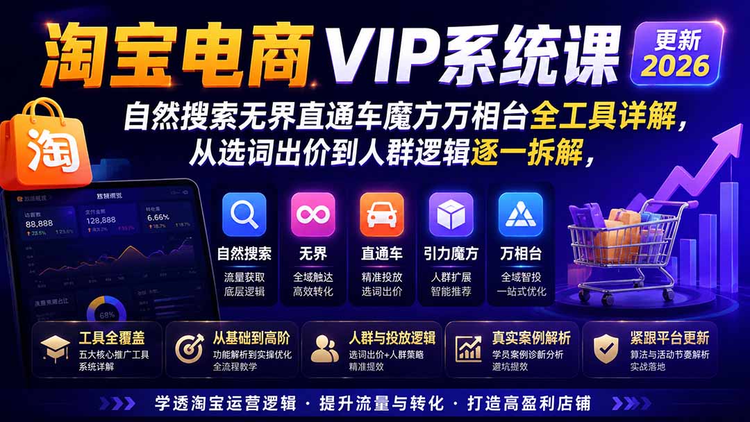淘宝电商VIP系统课-更新8月；自然搜索无界直通车魔方万相台全工具详解，从选词出价到人群逻辑逐一拆解-梦清研习社