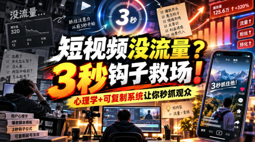 【无水印】短视频没流量？3秒钩子救场！心理学+可复制系统让你秒抓观众【原创双语字幕】-梦清研习社