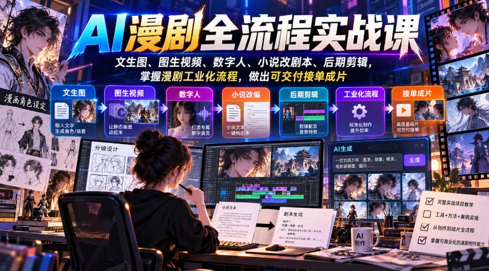AI漫剧全流程实战课，文生图、图生视频、数字人、小说改剧本、后期剪辑，掌握漫剧工业化流程，做出可交付接单成片-梦清研习社