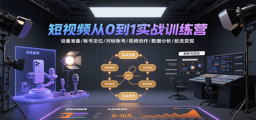 短视频从0到1实战训练营：设备准备/账号定位/对标账号/视频创作/数据分析/投流变现-梦清研习社