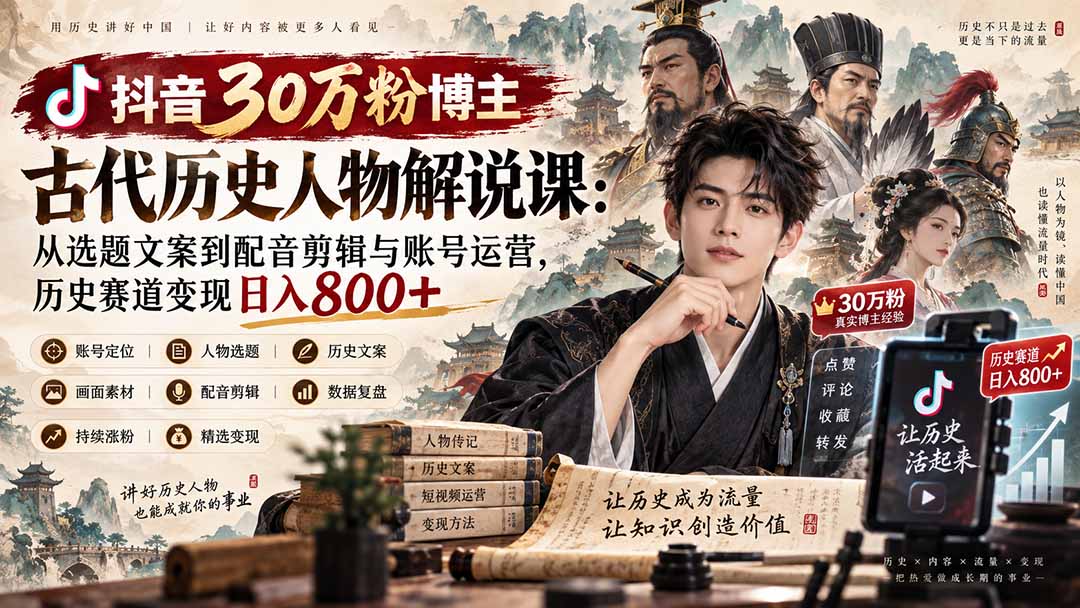 抖音30万粉博主古代历史人物解说课：从选题文案到配音剪辑与账号运营，历史赛道变现日入800+-梦清研习社