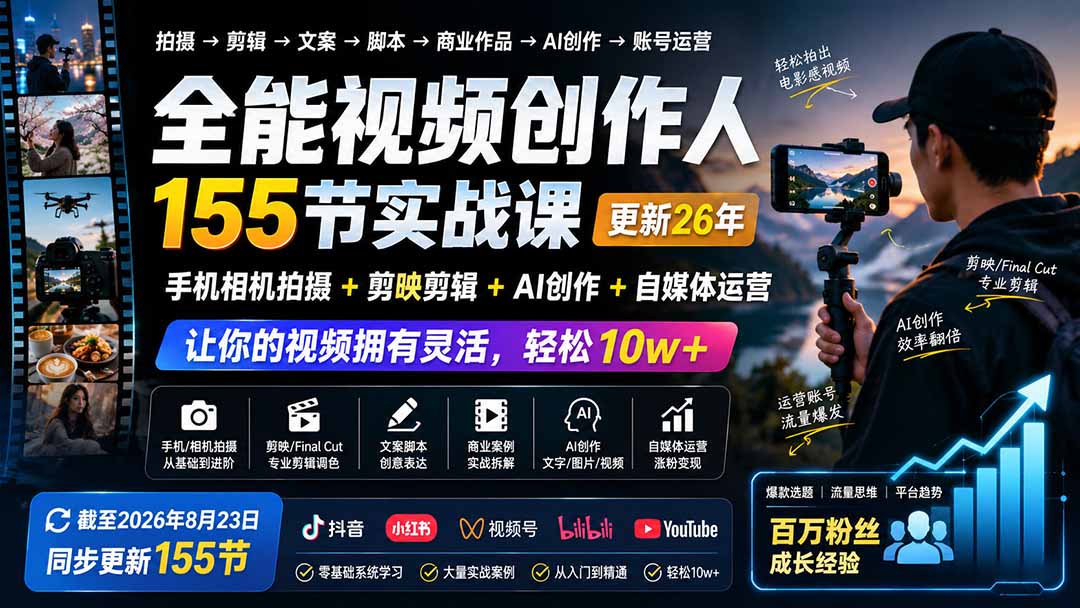 全能视频创作人155节实战课-更新26年8月：手机相机拍摄+剪映剪辑+AI创作+自媒体运营，让你的视频拥有灵活，轻松10w-梦清研习社