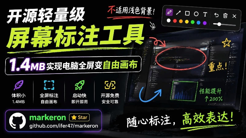 开源轻量级屏幕标注工具，1.4MB实现电脑全屏变自由画布！支持8种标注工具和全键盘操控MarkerOn-梦清研习社