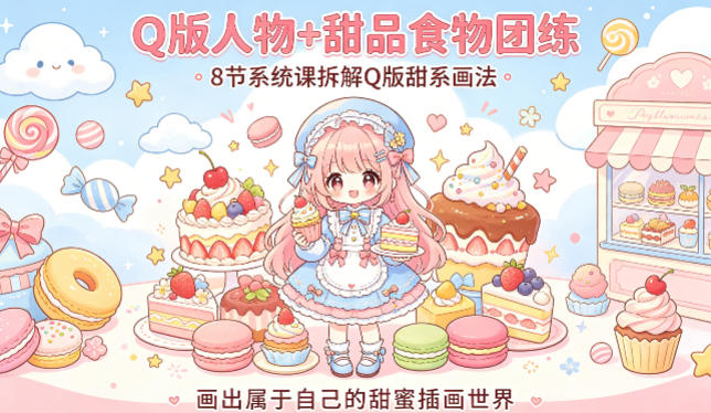 Q版人物+甜品食物团练，8节系统课拆解Q版甜系画法，画出属于自己的甜蜜插画世界-梦清研习社