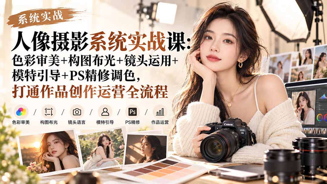 【无水印】人像摄影系统实战课：色彩审美+构图布光+镜头运用+模特引导+PS精修调色，打通作品创作运营全流程-梦清研习社