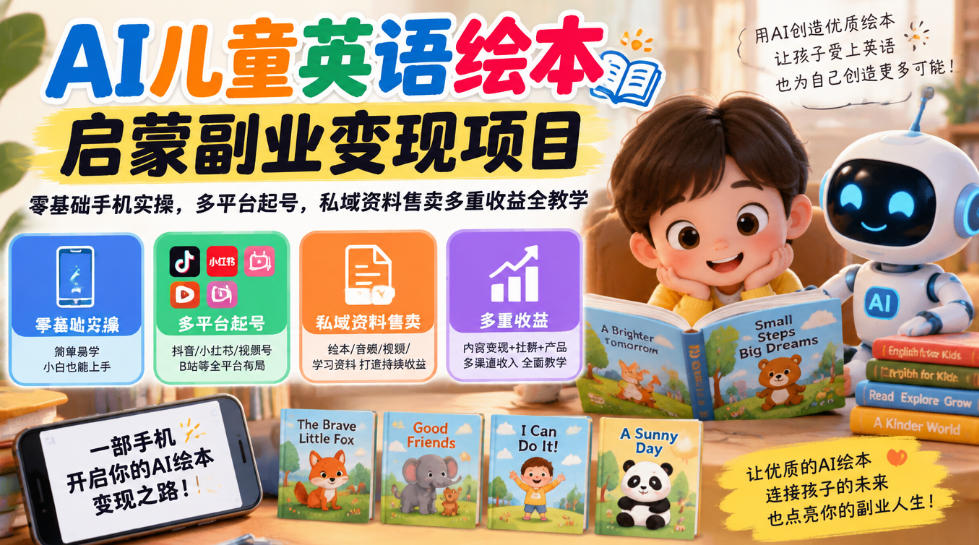 AI儿童英语绘本启蒙副业变现项目,零基础手机实操,多平台起号,私域资料售卖多重收益全教学-梦清研习社