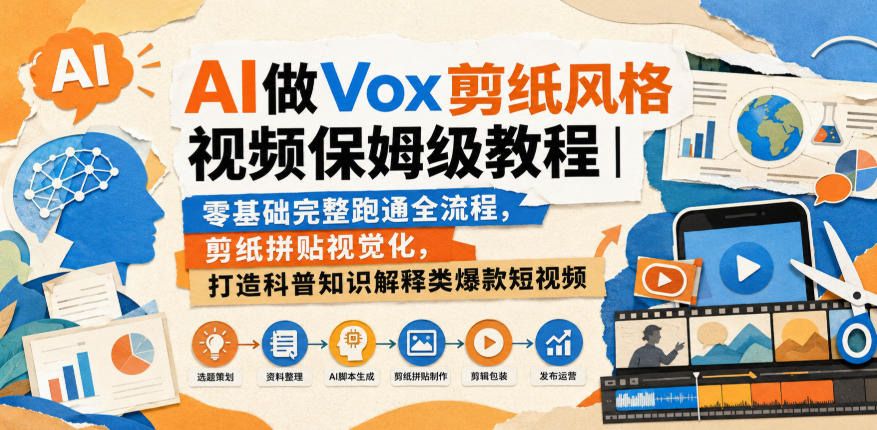 AI做Vox剪纸风格视频保姆级教程｜零基础完整跑通全流程，剪纸拼贴视觉化，打造科普知识解释类爆款短视频-梦清研习社